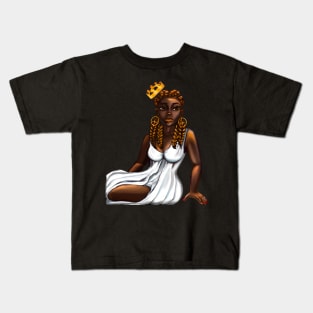 Queen Black is beautiful black woman art with crown, white dress and braids, brown eyes and dark brown skin ! Kids T-Shirt